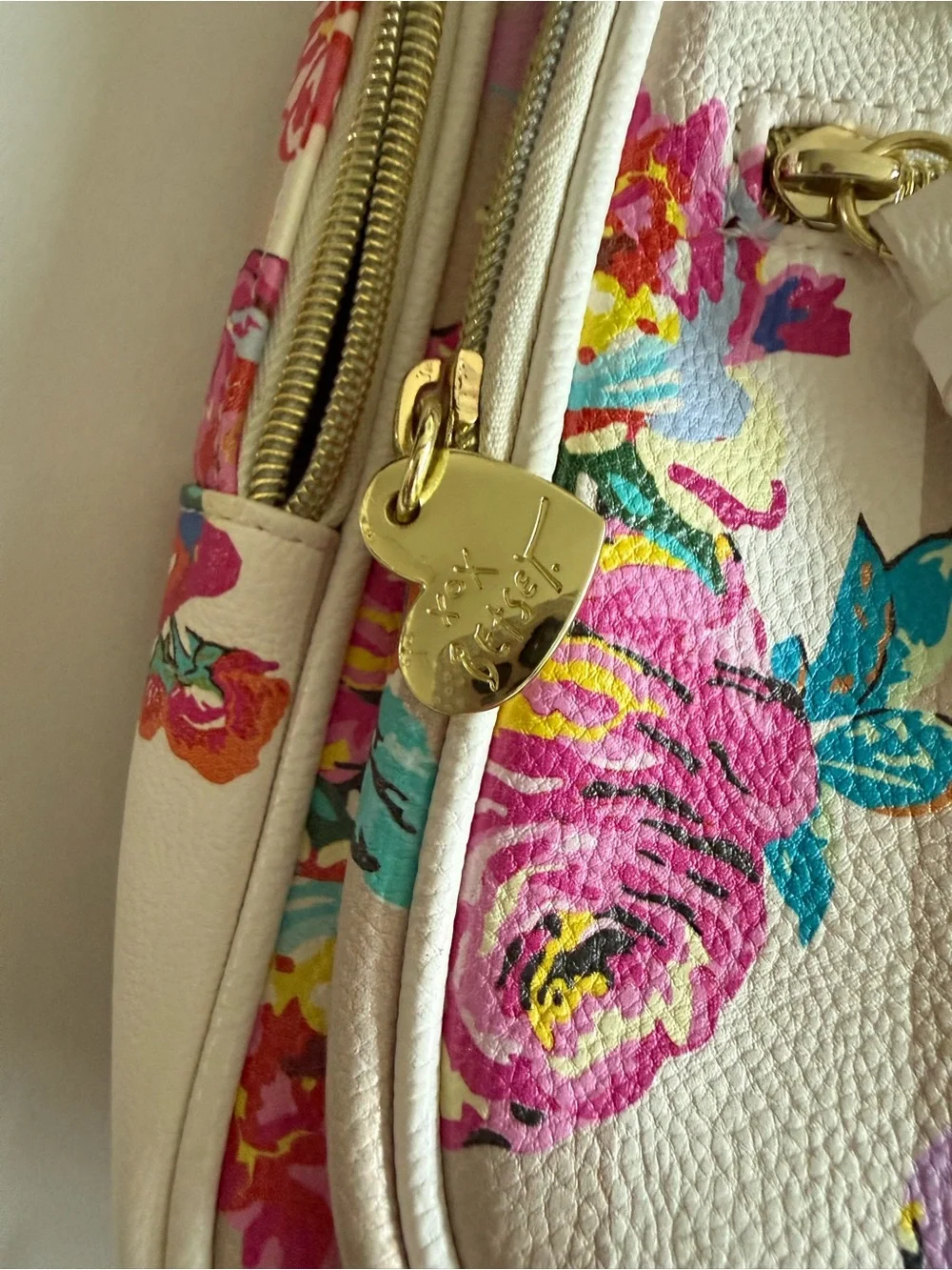 Betsey Johnson White Floral Mini Backpack with Pink & Teal Accents